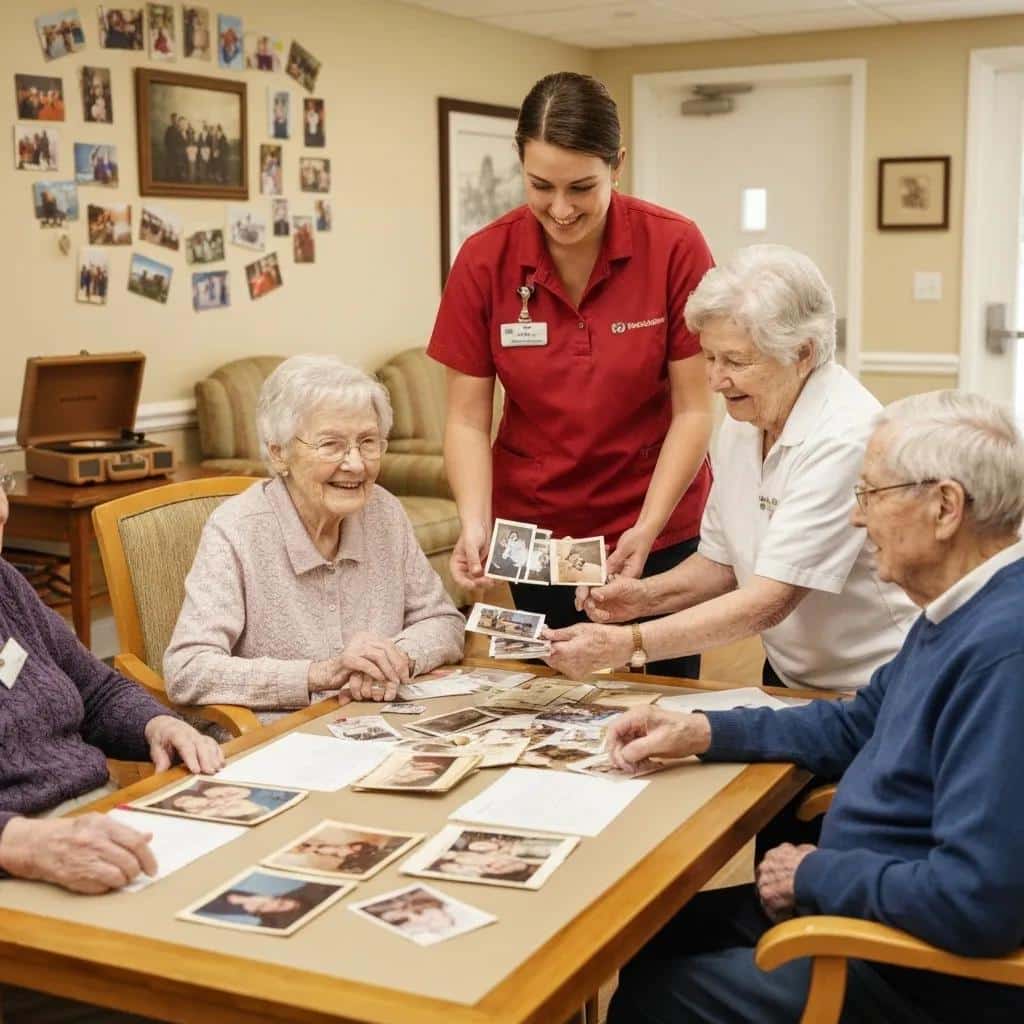 Group of seniors engaging in reminiscence therapy with a caregiver, sharing personal photographs at Memory Lane Home, emphasizing cognitive stimulation and emotional connection in dementia care.