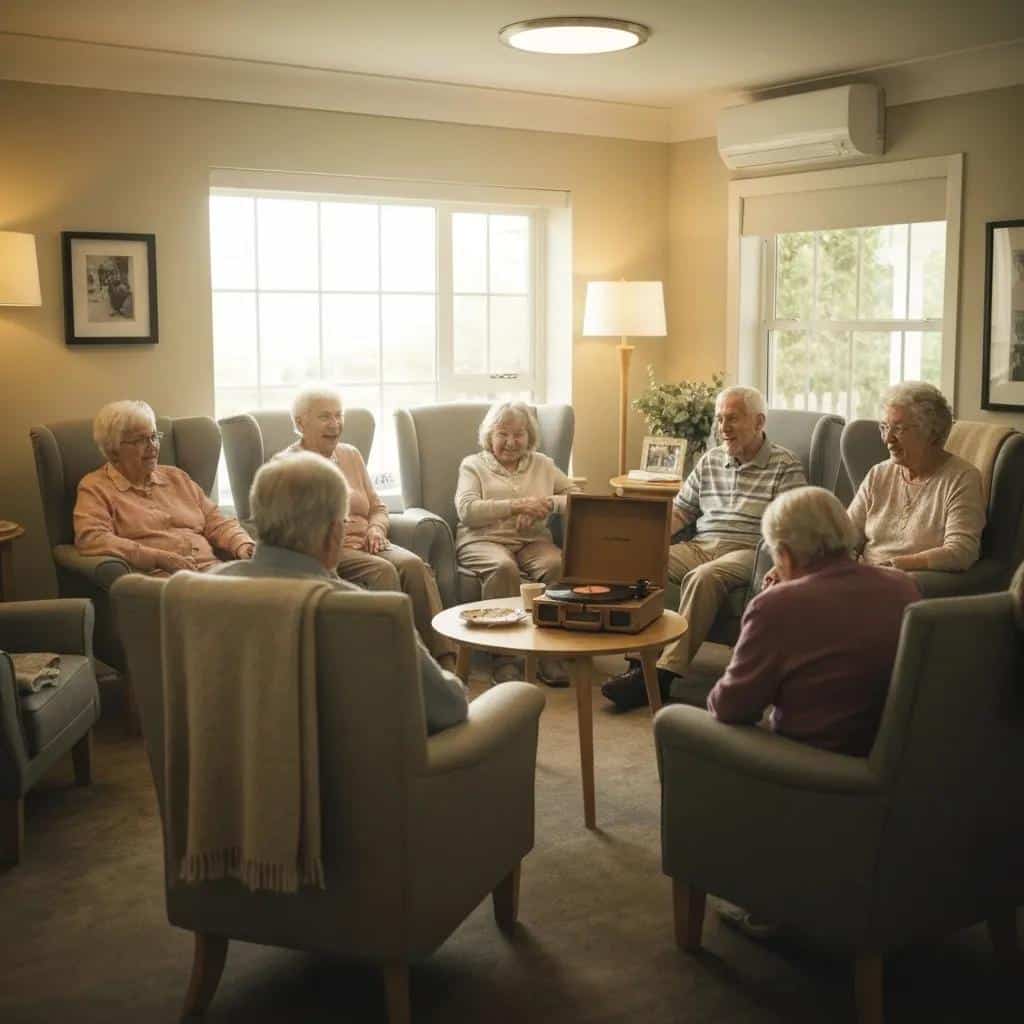 Residents participating in a music therapy session in a memory care facility
