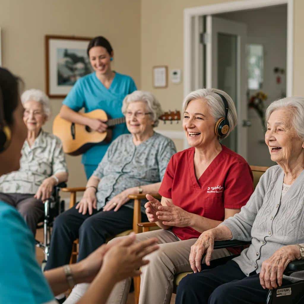 Elderly residents participating in a joyful music therapy session in a memory care facility
