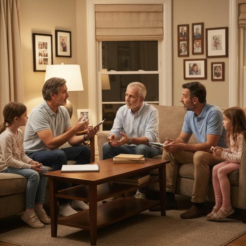Family discussing Alzheimer's care options in a cozy living room, emphasizing support and comfort