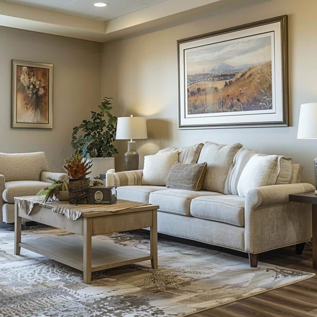 Cozy living room in a memory care facility with home-like decor and personal touches