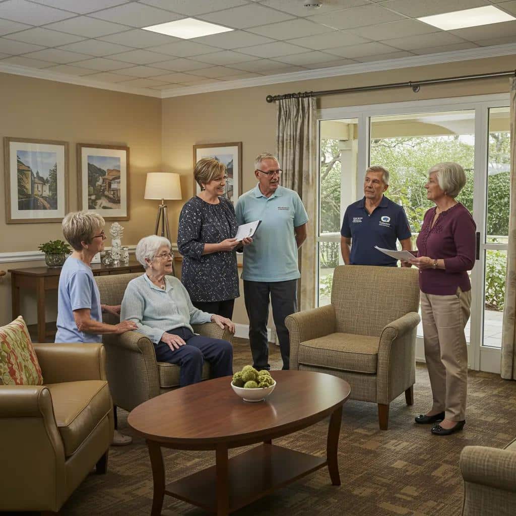 Family touring a memory care facility, engaging with staff and observing the environment