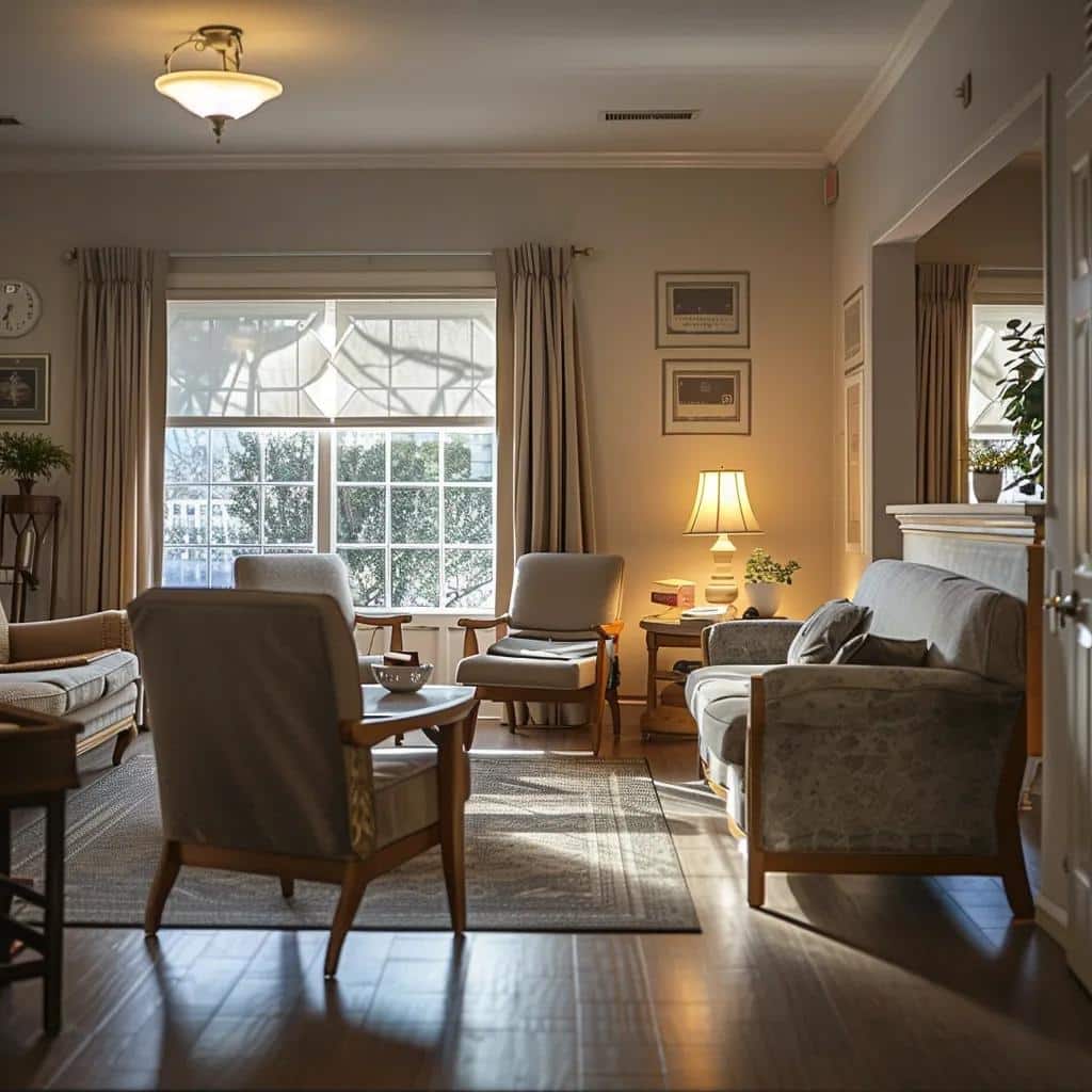 Cozy living room in a dementia care home, emphasizing warmth and community for Alzheimer's care