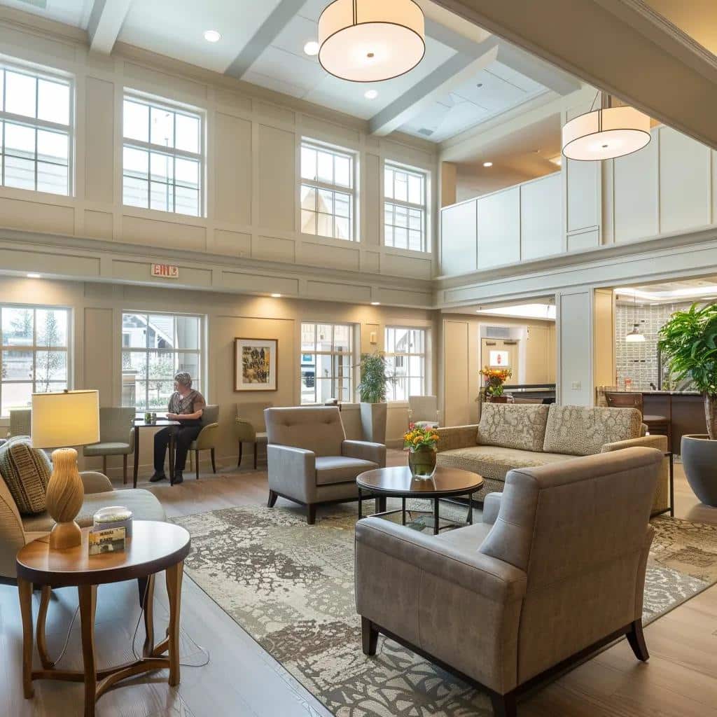 Inviting memory care facility interior with comfortable seating and friendly staff