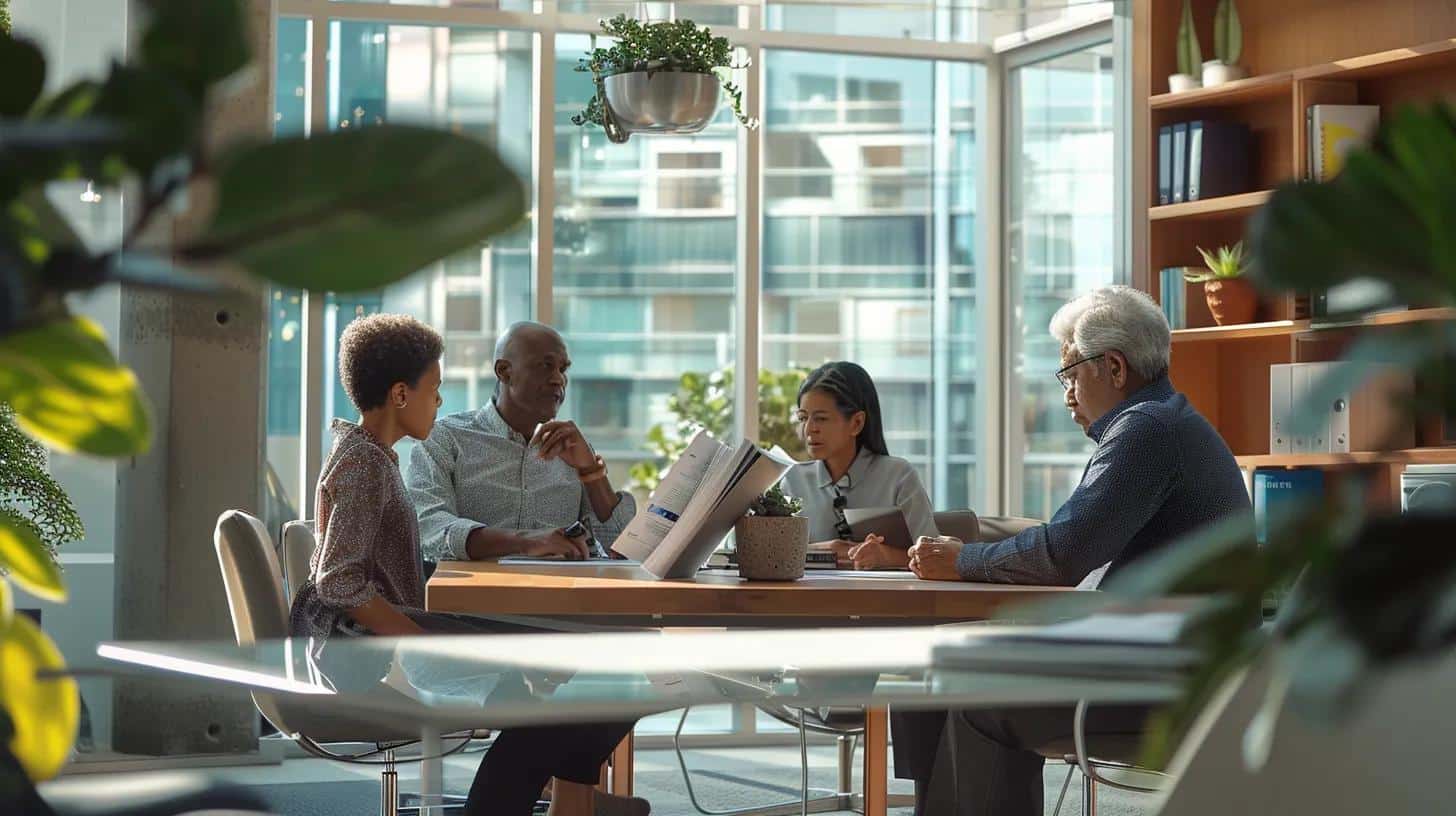 a focused group of family members engages in a thoughtful discussion around a sleek conference table, analyzing detailed brochures and financial documents about memory care homes in a modern office setting.
