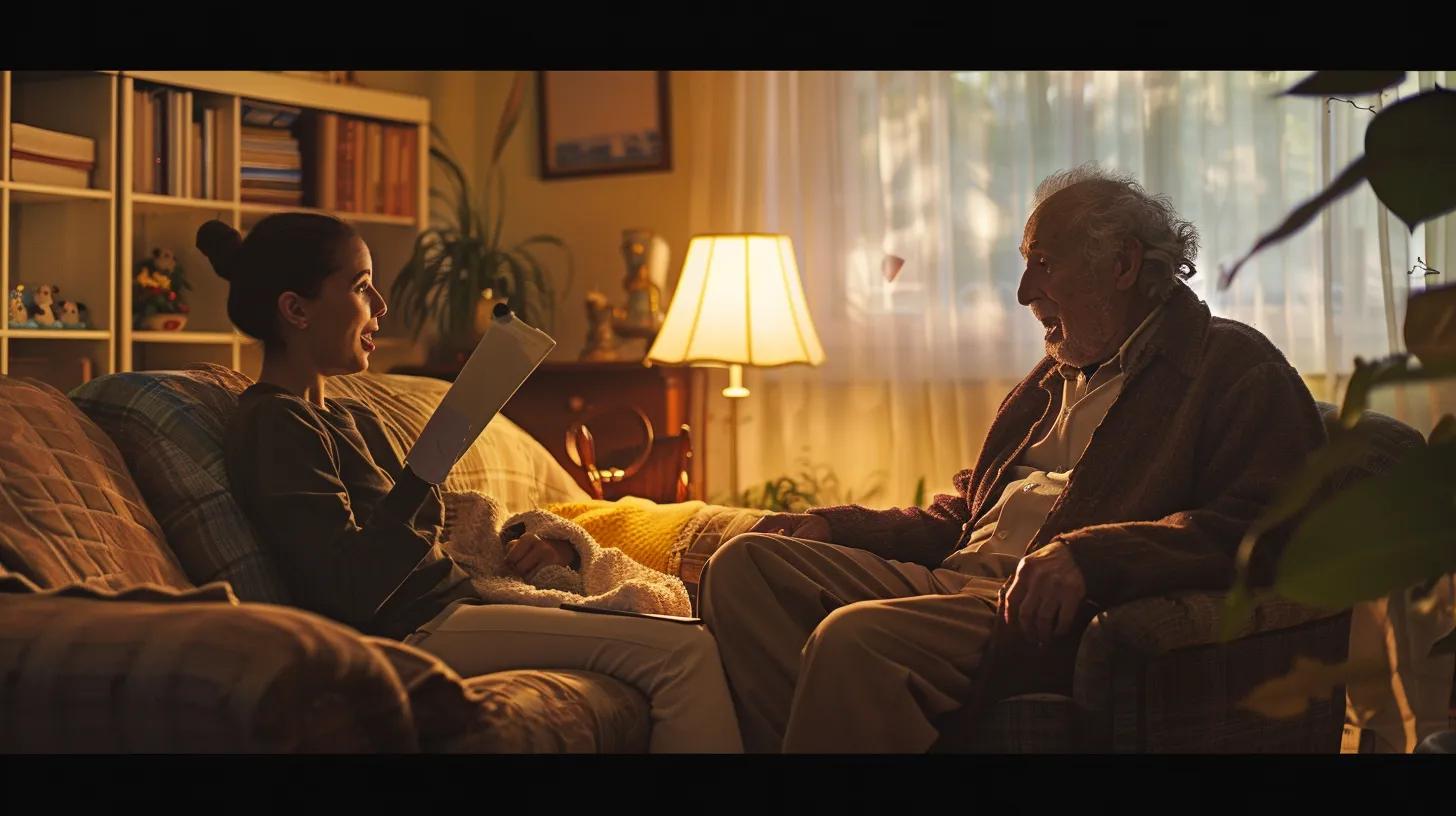a professional caregiver attentively interacts with an elderly patient in a warmly lit, comfortably arranged living room, showcasing a cozy environment tailored for dementia care with safety modifications clearly visible.