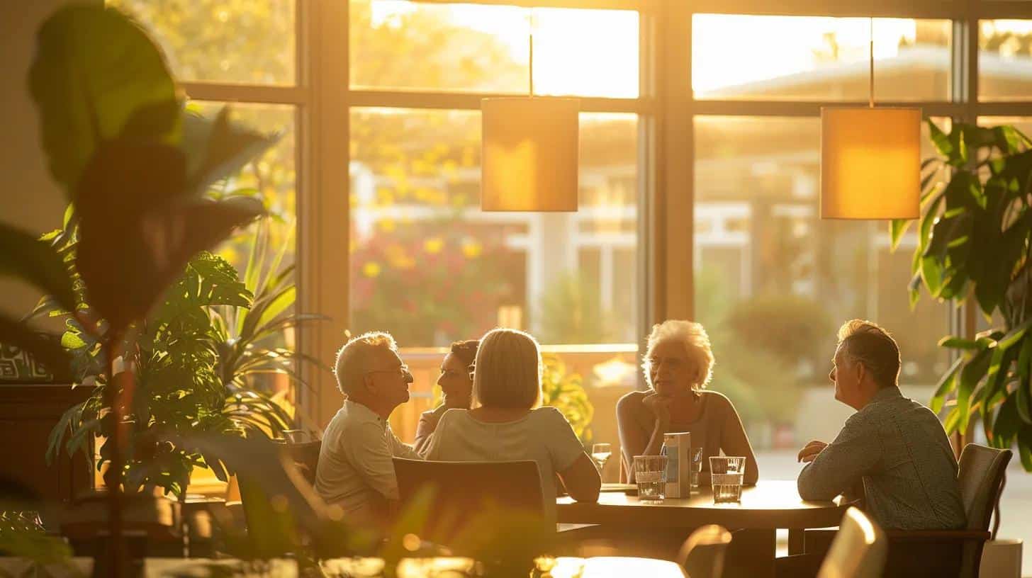 a serene office setting features a thoughtful family gathered around a well-organized table, engaged in a deep discussion about the transition to assisted living for their senior loved one, illuminated by warm, focused lighting.
