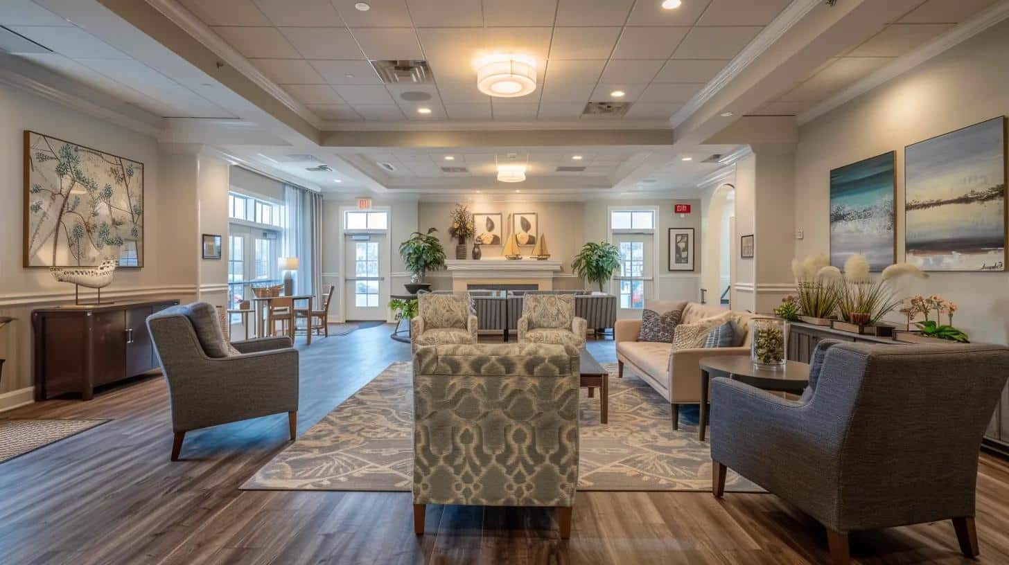 a serene, well-lit memory care home interior showcases a cozy, inviting common area with plush seating, soft colors, and wall art, emphasizing the supportive environment for individuals with dementia.