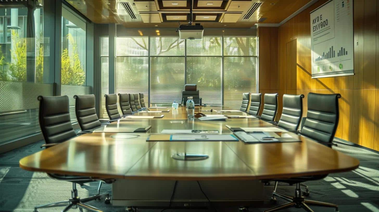 a sleek, modern office conference room with a polished wooden table at the center, surrounded by financial charts and documents, emphasizing the critical discussions on the costs and planning for memory care services.
