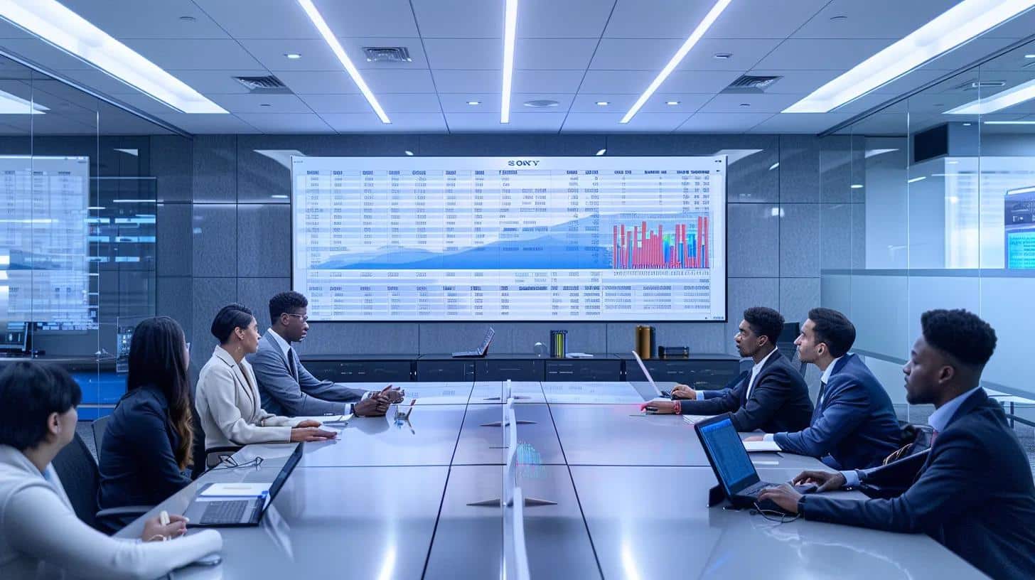 a sleek, modern office conference room features a large digital screen displaying a detailed cost comparison table, with professionals engaged in a focused discussion, emphasizing memory lane’s comprehensive care offerings against competitors.
