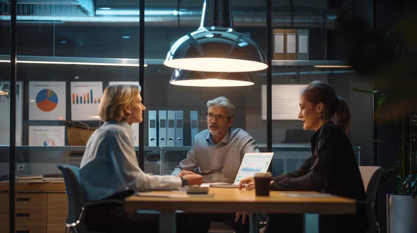 a sleek, modern office space features a confident financial planner engaging with a couple at a polished conference table, surrounded by charts depicting senior living costs, illuminated by soft overhead lighting that highlights their focused discussion.