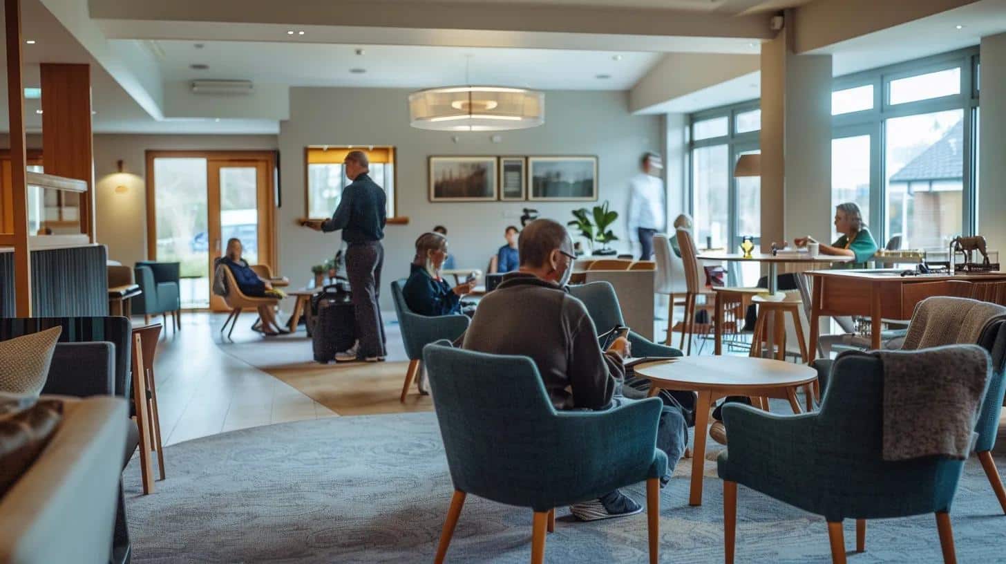a thoughtfully arranged interior of a senior care home during a site visit, featuring a knowledgeable staff member engaging warmly with residents in a well-lit communal area, emphasizing the importance of personalized care and suitability assessment.