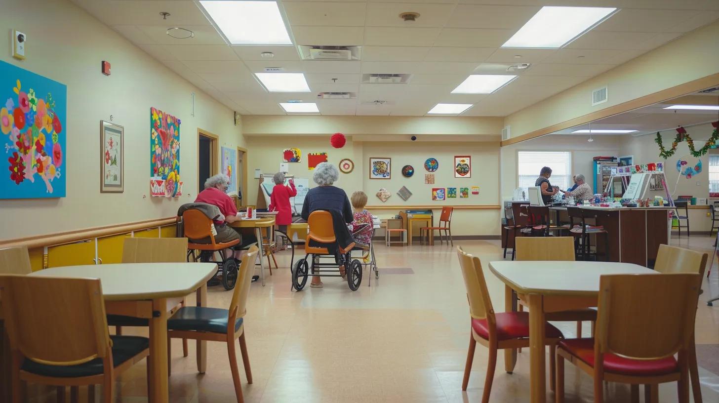 a vibrant indoor activity room filled with engaged elderly residents participating in a lively art therapy session, surrounded by colorful artwork and cheerful decorations, emphasizing the importance of social interaction and mental stimulation in dementia care.