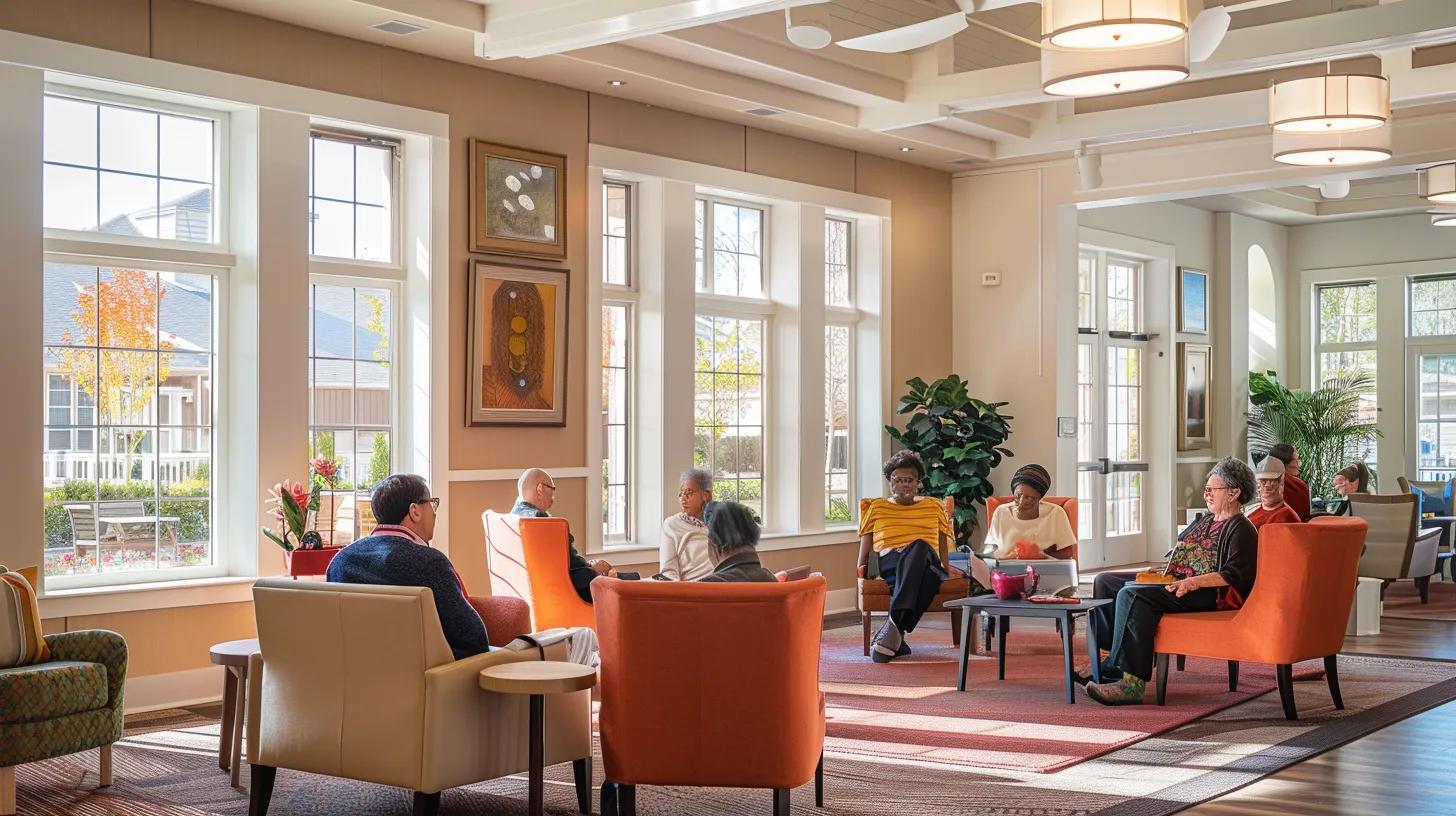 a vibrant, inviting common area of an assisted living facility, featuring residents engaged in a structured group activity that fosters emotional connection and cognitive engagement under soft, warm lighting.