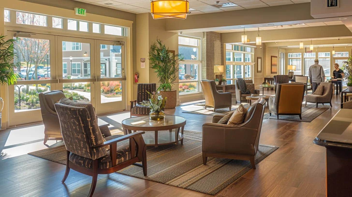 a warm and inviting senior care home lobby, featuring comfortable seating, cheerful decor, and engaged elderly residents interacting with attentive staff in a modern indoor setting.