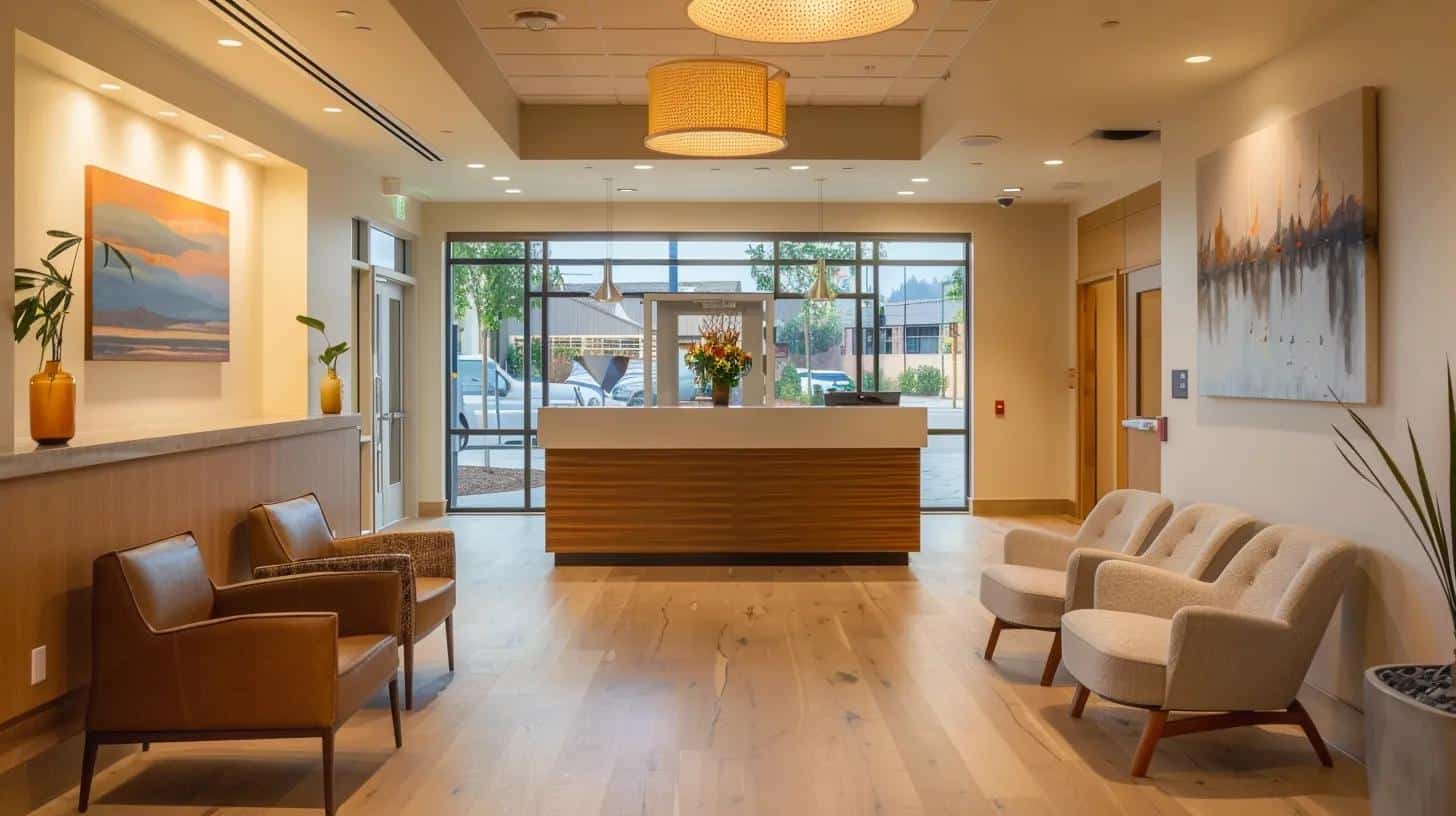 a warm and inviting senior residence office, featuring a welcoming reception area with comfortable seating and organized materials, where staff are engaged in planning and coordinating transition strategies for new residents.
