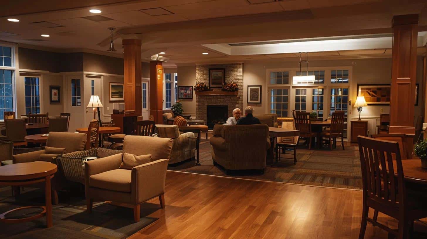 a warm and inviting common area in a senior care home, featuring cozy furniture and engaged residents enjoying social activities, illuminated by soft, ambient lighting to convey a sense of community and comfort.