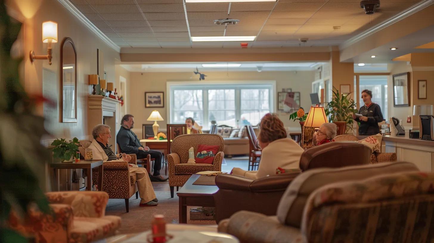 a warm and inviting care facility for alzheimer's patients, featuring cozy, well-furnished sitting areas and attentive caregivers engaged in meaningful activities with residents in a softly lit, welcoming indoor environment.