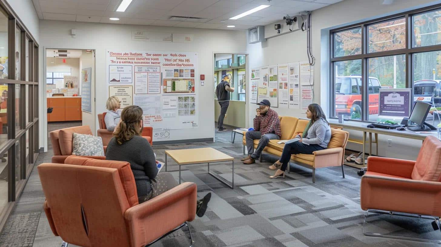 a warm and inviting office space filled with professionals engaged in a collaborative discussion, surrounded by resource materials and community support posters, emphasizing the supportive network available for those searching for senior living options.