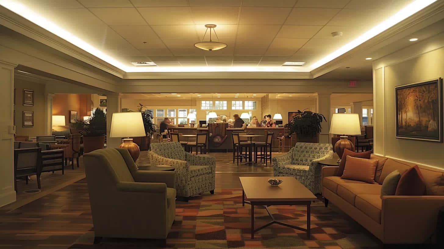 a warm and inviting interior of a modern assisted living facility, featuring comfortable common areas and engaged seniors interacting with compassionate staff, all under soft, ambient lighting that highlights the community’s welcoming atmosphere.