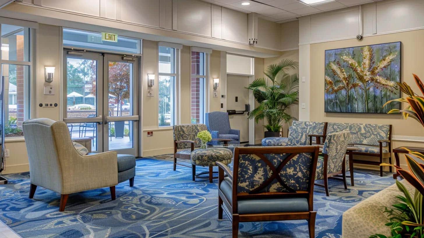 a warm and inviting memory care facility lobby, featuring comfortable seating and gentle, soothing colors that promote a sense of safety and belonging for residents with memory challenges.