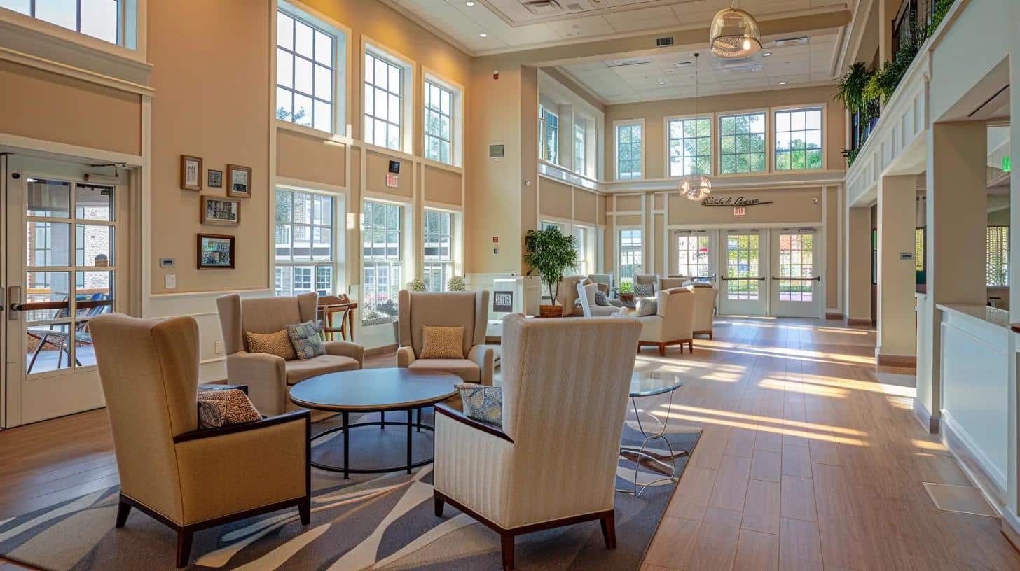 a warm, inviting assisted living facility designed for dementia care showcases comfortable seating areas, gentle lighting, and personalized decor, emphasizing safety and community in a well-organized residential setting.