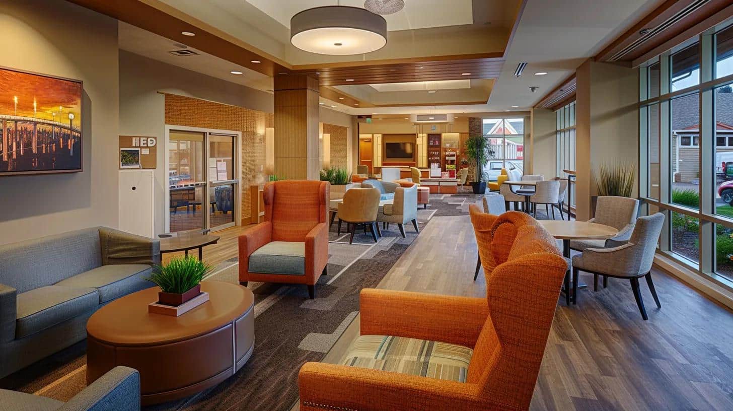 a warm, inviting interior of a local memory care home, featuring comfortable seating areas and engaged residents participating in a vibrant community activity, illuminated by soft, ambient lighting that emphasizes a sense of belonging and support.