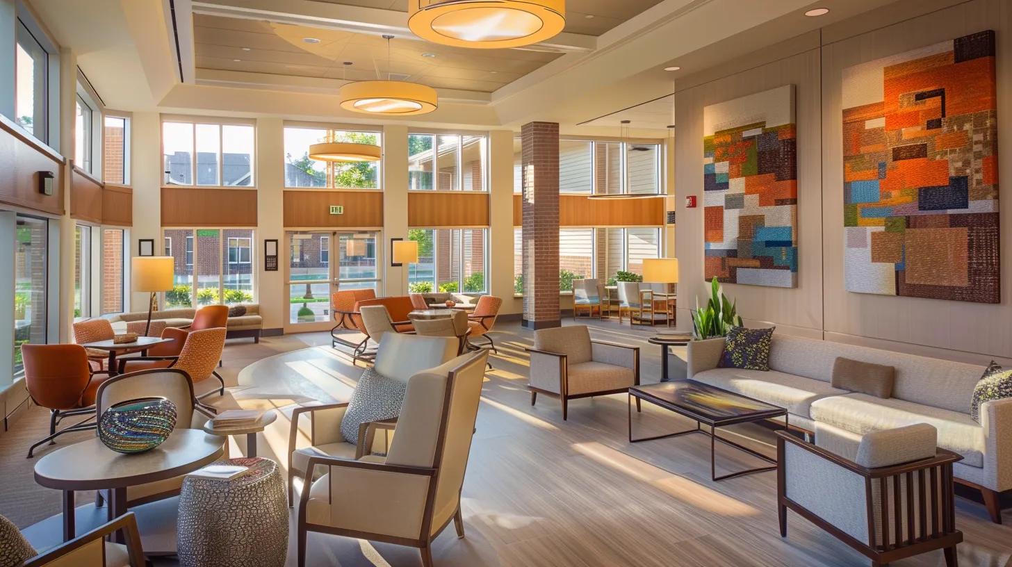 a warm, inviting interior of a modern memory care facility showcases comfortable seating areas with soft lighting, vibrant artwork, and interactive engagement spaces designed to enhance cognitive stimulation for residents with alzheimer's.