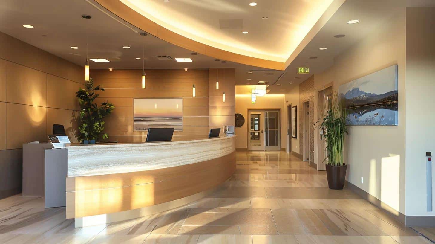 a warmly lit, inviting office reception area at memory lane features a sleek desk with friendly staff ready to assist, surrounded by brochures highlighting personalized medical and emotional support options for residents.