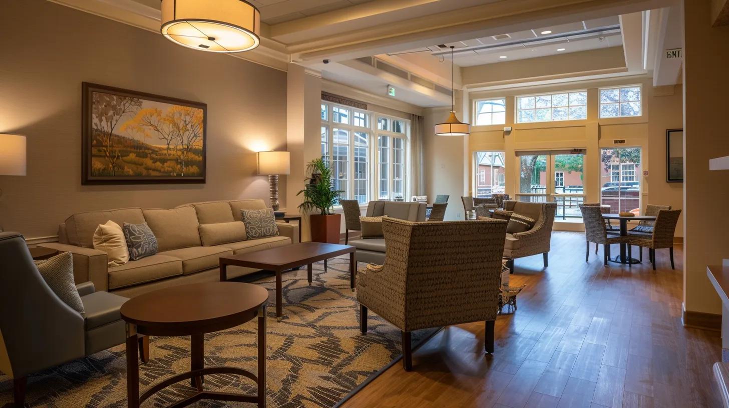 a warmly lit, inviting communal room in an assisted living facility, featuring comfortable seating, engaging activities, and dementia-friendly decor that encourages social interaction and cognitive stimulation.