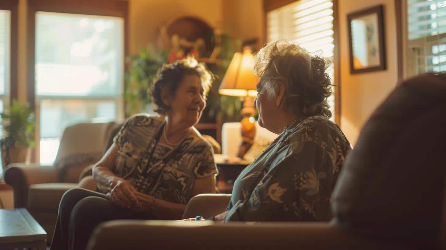 an empathetic caregiver engages attentively with a resident in a warmly lit memory care facility, surrounded by comforting decor that fosters a sense of security and connection.
