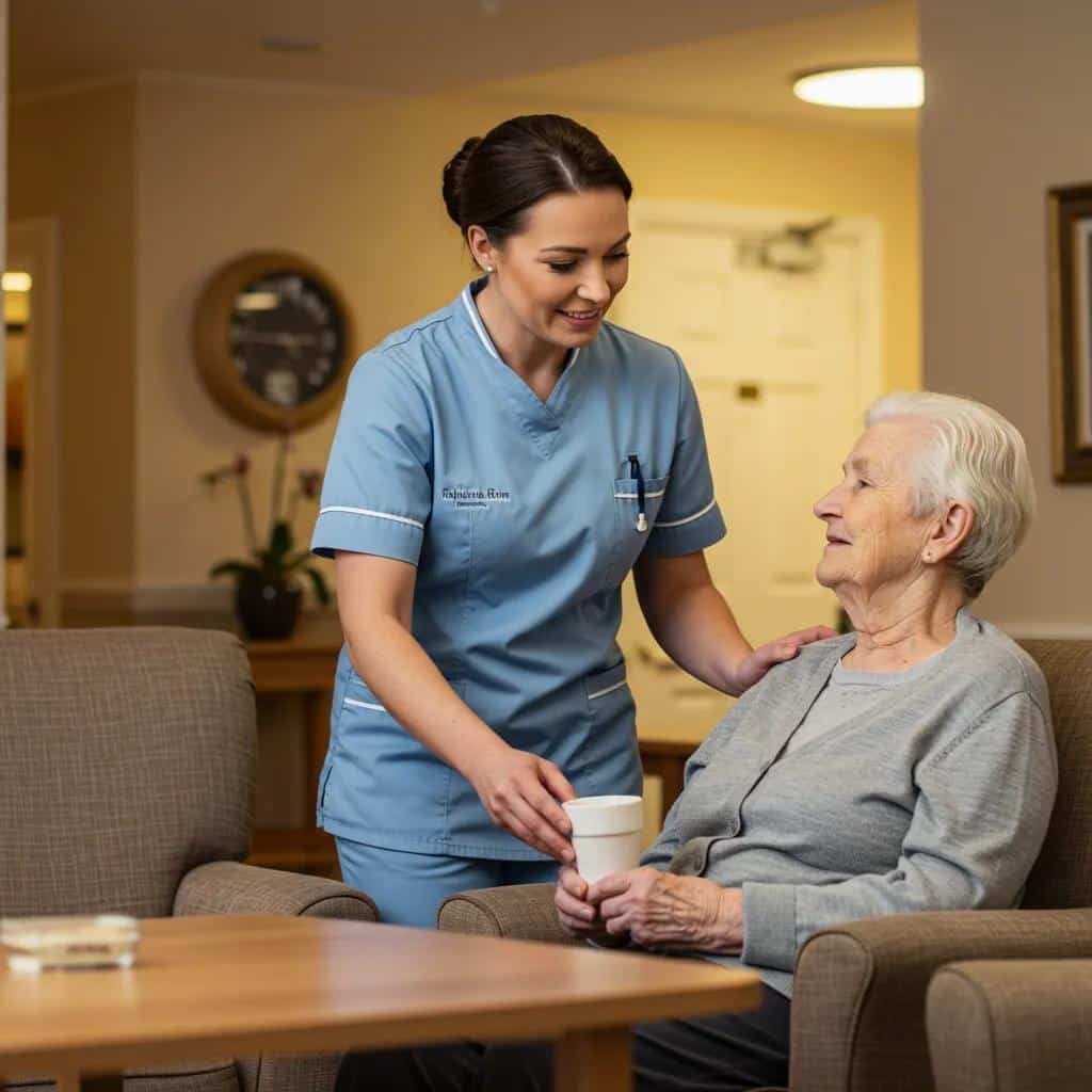 Professional caregiver assisting an elderly person in a memory care setting, highlighting the synergy between professional care and support groups