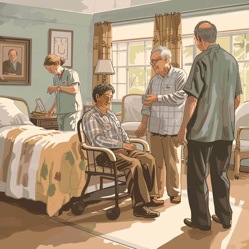 Caregivers assisting senior resident in a memory care home, emphasizing personalized care and support in a home-like environment.