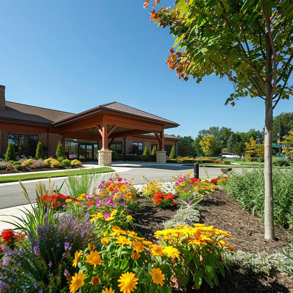 Memory care facility in Saline, MI with a serene garden and welcoming entrance