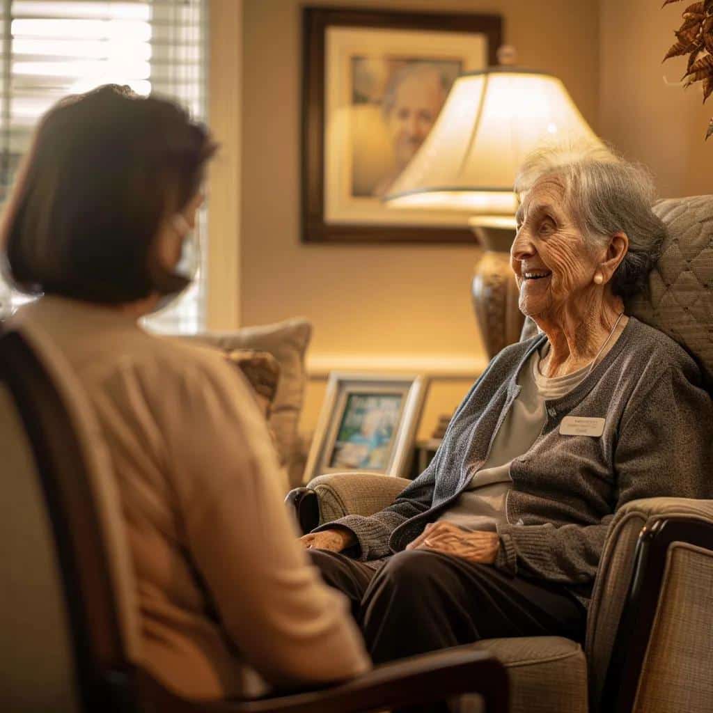 Smiling elderly woman engaging with a caregiver in a cozy, well-lit living space, emphasizing compassionate memory care and personalized support for seniors.