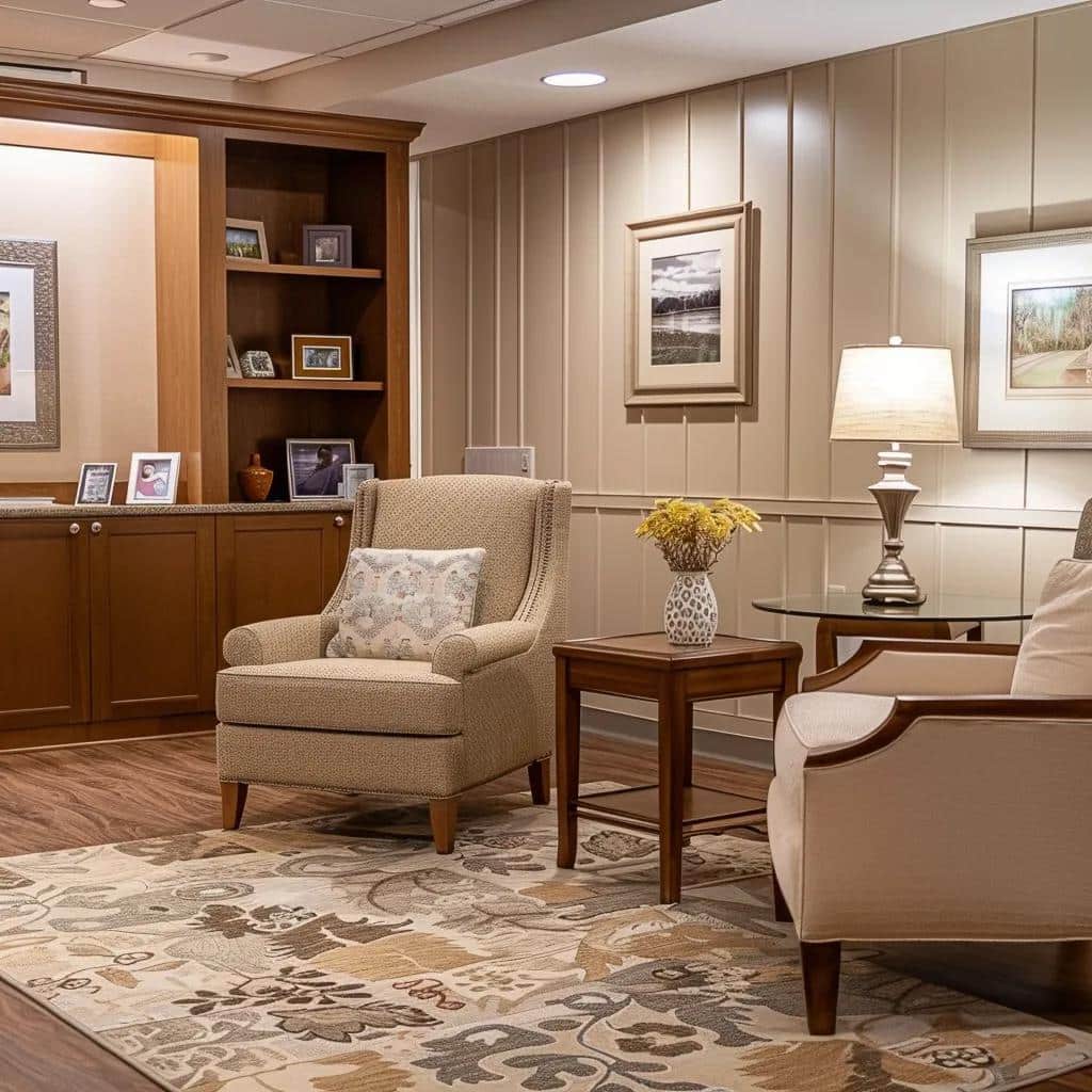 Cozy memory care facility with comfortable seating and personal touches